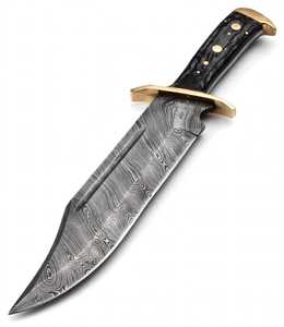 Couteau Bowie de survie d'extérieur à lame fixe en acier Damas artisanal, manche en corne de qualité supérieure, garde en laiton, robuste, pour usage en terrain et utilitaire - Product Image 3
