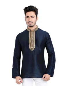 Kurta en coton blanc pour homme, manches longues, couleur unie, col montant, broderie élégante, tenue de mariage, style Inde Pakistan - Product Image 3