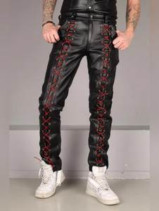 Pantalon noir en cuir véritable écologique respirant, taille haute, coupe skinny, longueur intégrale, avec fermeture boutonnée et dentelle, pour femme - Product Image 3