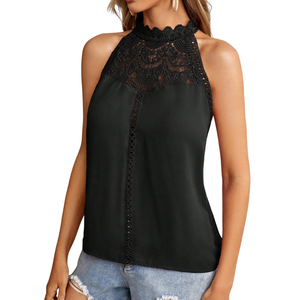 Blusa Halter con Encaje y Patchwork para Mujer, Manga Fruncida, Cuello con Botones, Panel Floral, Chifón, Estilo Casual, Proveedor Mayorista - Product Image 3