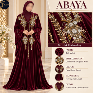 Tela de Terciopelo Borgoña con Bordado Floral de Cristales Dorados y Plateados |   Panel Frontal Textil con Cuentas Decorativas para Abaya y Vestido de Noche - Product Image 5