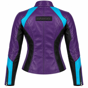 Chaqueta de Cuero para Motocicleta para Mujer, Color Morado, Cian y Negro, Chaqueta de Motociclista de Cuero Vacuno Genuino Darkry, Chaqueta Deportiva Ajustada para Motocross - Product Image 2