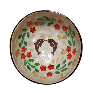 Cuencos de Nácar de Vietnam Personalizados al por Mayor, Hechos a Mano, con Diseño de Delfines Gemelos y Mosaico Floral Rojo Lacado - Product Image 1