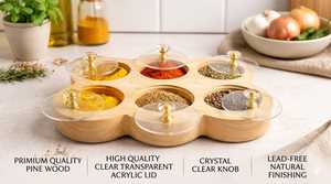 Handcrafted Rectangular Spice <b>Box</b> Masala Dabba Acrylic Lid with 6 Round Compartments Food Safe <b>Pine</b> Wood Dry-Fruit <b>Box</b> Set - Product Image 6