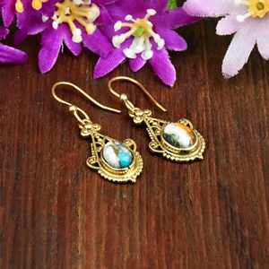 Pendientes de Oro con Gema de Turquesa de Ostra Espinosa, Estilo Boho, Modernos, en Forma de Lágrima, Pendientes de Diseño con Filigrana, Joyería Fina al por Mayor - Product Image 5
