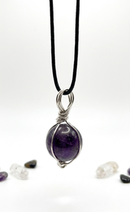 Handmade Amethyst Sphere Pendant Necklace Wire Wrapped Purple Gemstone Jewelry Silver Frame Black Cord Chain - Product Image 4
