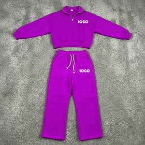 Custom Logo Women Activewear Half <b>Zip</b> Cropped Sweat Tops & Wide Leg Jogger Pants Set Women High Quality Tracksuit Set - Product Image 5