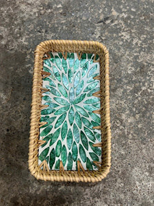 Panier de rangement ovale en rotin naturel avec mosaïque florale bleue, écologique, empilable, décoration d'intérieur - Product Image 3