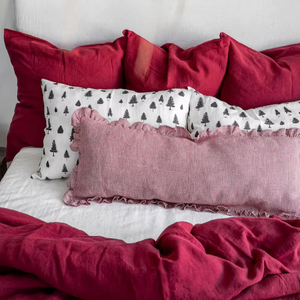 Funda de Almohada de Lino a Cuadros Rojos con Volantes, Funda de Almohada Lumbar con Volantes, Funda de Cojín Decorativa a Cuadros Rojos con Borde con Volantes - Product Image 1