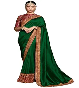 Saree da lavoro pesante con ricami pesanti in pizzo lavorato con bordi ricamati per abiti da festa da donna con sari di seta a basso prezzo con alta qualità