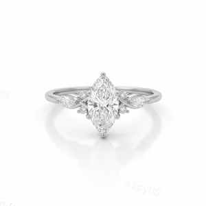 Bague de fiançailles solitaire en diamant de laboratoire taille marquise, or massif 14K 18K, avec pierres latérales florales, bijou de mariée unique - Product Image 3