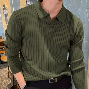 เสื้อโปโลผู้ชายพรีเมียม แขนยาว ทรงเข้ารูป คอวี ไม่มีกระดุม สีพื้น ผ้าถักลายริบ  เสื้อสเวตเตอร์ลำลองสำหรับผู้ชาย - Product Image 1