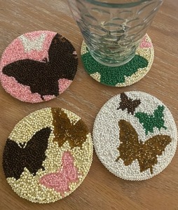 Handmade Eco-Friendly Luxury Customizable Seed <b>Bead</b> & Cotton <b>Coasters</b> Set of 4 Butterfly Designs by Whimsy Art Craft - Product Image 4