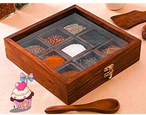 Caja de madera para especias con tapa de vidrio y seis compartimentos para hierbas y especias, diseño tradicional tallado. - Product Image 2