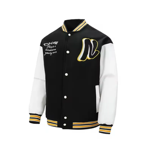 Veste universitaire marron et blanche pour homme, style preppy, coupe classique, col rabattu, fermeture éclair, en velours côtelé, idéale pour l'automne - Product Image 1