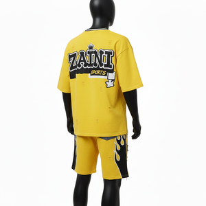 ชุดเสื้อยืดและกางเกงขาสั้นผู้ชาย ผ้าคอตตอนเจอร์ซีย์คุณภาพสูง เนื้อผ้าถักหนา ลายเปลวไฟสีเหลือง กางเกงขาสั้นแบบมีแผ่นผ้า  รับสกรีนโลโก้ - Product Image 5