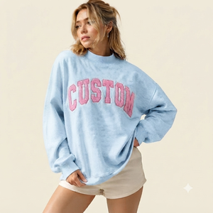 Sudadera Oversize de Cuello Alto para Mujer, Azul Claro y Rosa, con Diseño de Letras Bordadas Personalizadas, Manga Larga, Tejido de Algodón, para Otoño - Product Image 1