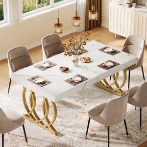 Mesa de Comedor Moderna de Lujo con Tapa de Imitación Mármol y Patas Metálicas Resistentes, Rectangular, Blanco Dorado, Estilo Contemporáneo para Hotel - Product Image 4