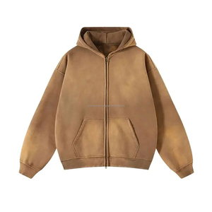 Sudadera con capucha de doble capa desgastada con lavado ácido Vintage con cremallera personalizada para hombres 100% algodón orgánico frente desgastado por el sol desgastado - Product Image 3
