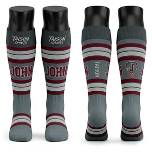 Premium 220 GSM Polyester Cotton Blend Men Ice Hockey <b>Socks</b> Purple White Striped Knit Custom Jacquard Logo Name Design - Product Image 5