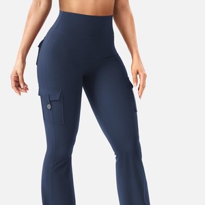 Women's High Waisted <b>Flared</b> Leg Yoga Pants With Cargo Pockets Solid Color Four-Way Stretch Workout <b>Leggings</b> - Product Image 1
