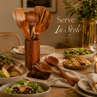Ensemble d'ustensiles de cuisine en bois faits à la main de qualité supérieure |   Cuillère de cuisine, spatule, louche, ustensiles de service avec support en bois d'acacia naturel, export