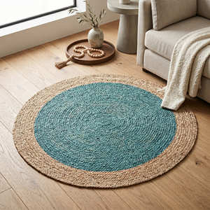 Aqua Blue <b>Round</b> Jute Rug 120 cm, Handcrafted Braided Circular Rug for Scandinavian & Coastal Interiors - Product Image 1