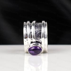 Vintage Boho Sterling <b>Silver</b> Amethyst Spinner <b>Ring</b> for Women – Handmade <b>Adjustable</b> Meditation Band Ethnic Engraved Jewelry - Product Image 2