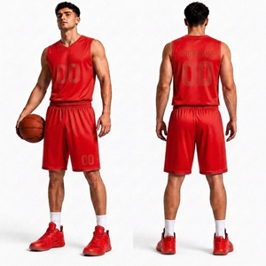 Ensemble de maillot de basket-ball rouge pour hommes, sans manches, col en v, nom personnalisé, numéro 00, uniforme d'équipe en polyester sublimé, coupe athlétique - Product Image 1