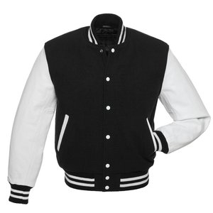 Men's Black And <b>White</b> Varsity <b>Jacket</b> Wool Polyester Blend Preppy Style Turn-down Collar Regular Fit Autumn Wear - Product Image 1