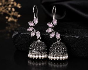Vintage Oxidized <b>Silver</b> Pink Marquise Stone Pearl Jhumka <b>Earrings</b> for Women | Handmade Boho Ethnic Indian Statement Jewelry - Product Image 3