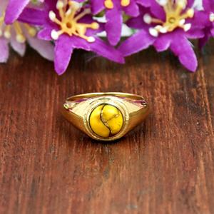 แหวนตราประทับลายดอกดาเลียสีฟ้าเทอร์ควอยซ์ ทอง 14K เวอร์เมล แหวนสไตล์โบโฮ เครื่องประดับทำมือ - Product Image 1