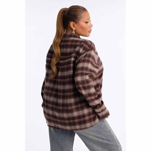 Turn Down Collar <b>Long</b> <b>Sleeve</b> Plaid Print <b>Brown</b> Color Casual Fashion <b>Tops</b> Blouse Shirts for Women - Product Image 4