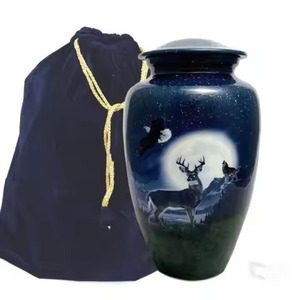 Urne funéraire en métal écologique pour cendres humaines, motif colibri rouge royal et fleur d'iris, avec sac en velours noir - Product Image 2