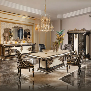 Juego de Comedor de Lujo Estilo Barroco en Caoba con Detalles en Dorado y Negro, Juego de Mesa de Comedor Rectangular Clásico en Negro para Hotel o Villa - Product Image 1