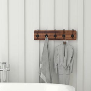 <b>Wood</b> Wall Mounted Hook Rack 5 Hooks Minimalist Style For Towel Robe Storage - Product Image 3