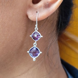 Amethyst 925 <b>Sterling</b> <b>Silver</b> <b>Dangle</b> Drop handmade <b>Earrings</b> with Cushion Shape Briolet - Product Image 4