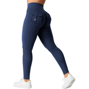 Squat Proof Yoga Leggings with Button Pockets Seamless Scrunch Butt Tights Athletic <b>Tummy</b> <b>Control</b> Fitness Pants for Women - Product Image 6