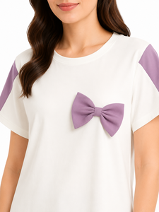 Women's <b>White</b> Lavender Bow Night Suit Spandex/Nylon Blend Half Sleeve T Shirt Relaxed Fit Pajama Pants Two <b>Piece</b> Summer - Product Image 4