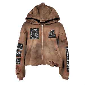 Sweat-shirt à capuche zippé en molleton bouclette personnalisé, délavé, déchiré, brodé, imprimé, vintage, effet délavé à l'acide, pour homme - Product Image 3