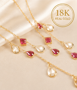 <b>Ruby</b> and Rainbow Moonstone Triple-Layer <b>Necklace</b> in Solid 18K Yellow Gold Bezel Set Pear and Round Gemstone Cascading Chain - Product Image 6