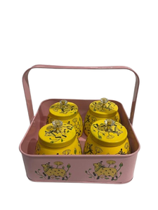 Panier de rangement rectangulaire rose avec poignée, 4 pots jaunes, motif vache mignon pour l'organisation de la cuisine - Product Image 1