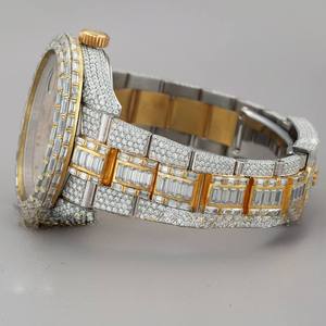 Montre de luxe entièrement sertie de moissanite, bicolore, avec lunette baguette, GMT, style diamant hip-hop, en acier inoxydable - Product Image 2