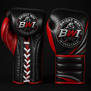 ถุงมือชกมวย Bright Way International รุ่น PU สีดำแดง แบบผูกเชือก ปรับสายรัดข้อมือได้ เหมาะสำหรับทุกเพศ ทุกวัย สำหรับศิลปะการต่อสู้ ระบายความชื้นได้ดี - Product Image 1