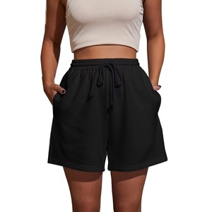 Women's High Waist Loose Knitted Shorts With Drawstring And Pockets Solid <b>Black</b> Casual Sporty Style Breathable Fit - Product Image 5