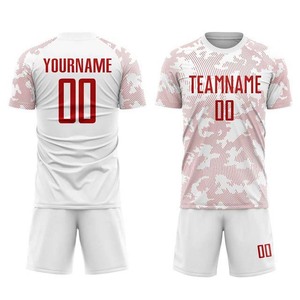 Ensemble maillot et short de football blanc et rouge, imprimé par sublimation, col rond, manches courtes, unisexe adulte, respirant, polyester, nom de l'équipe - Product Image 1