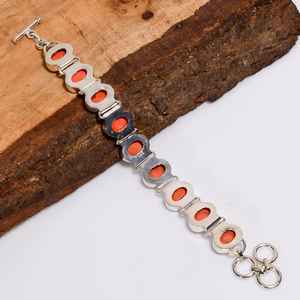 Red Coral Oval Shape Gemstone Silver Bracelet Vintage Style 925 Sterling Silver Bohemian Jewelry Gift - Product Image 6