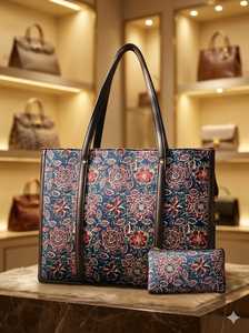 Bolso Tote Jacquard Floral Azul Marino Premium con Bolsa Adicional a Juego – Bolso de Hombro con Motivo Tradicional Indio - Product Image 3