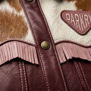 Shirt Collar Burgundy Wine <b>Fringe</b> Cowhide Hair On Hide <b>Womens</b> Western Leather <b>Jacket</b> Spotted Fur Country Rodeo Coat - Product Image 6