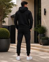 Ensemble de survêtement polaire noir à capuche pour homme, pantalon de jogging long et veste sportive avec cordon de serrage, design color block écologique